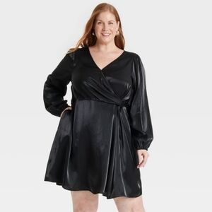 Women's Balloon Long Sleeve Midi Wrap Dress - Ava & Viv Black 2X